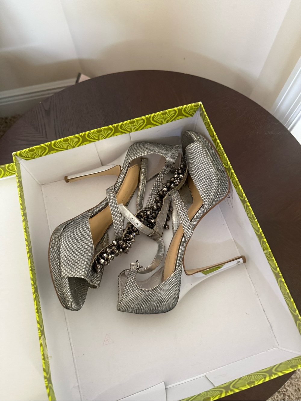 BCBGMaxAzria Silver Embellished Peep-Toe Stiletto Heels